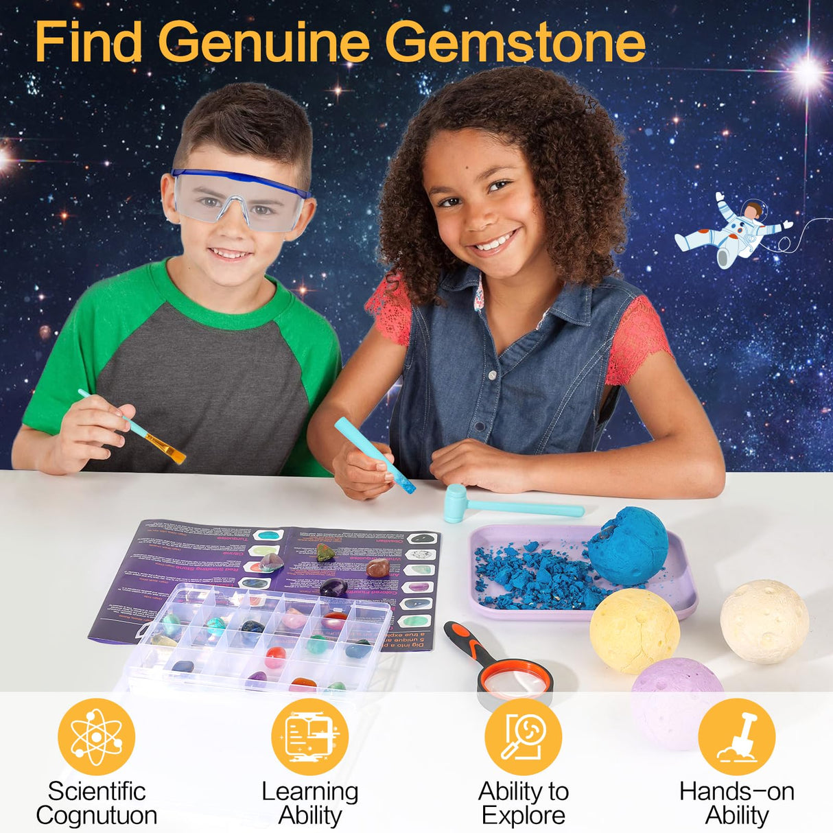 QLKUNLA Gemstones Dig Kit, Excavate 24 Real Gems in Solar System STEM Educational Space Toys for Boys & Girls Archaeology Geology Science Project Gift QLKUNLA