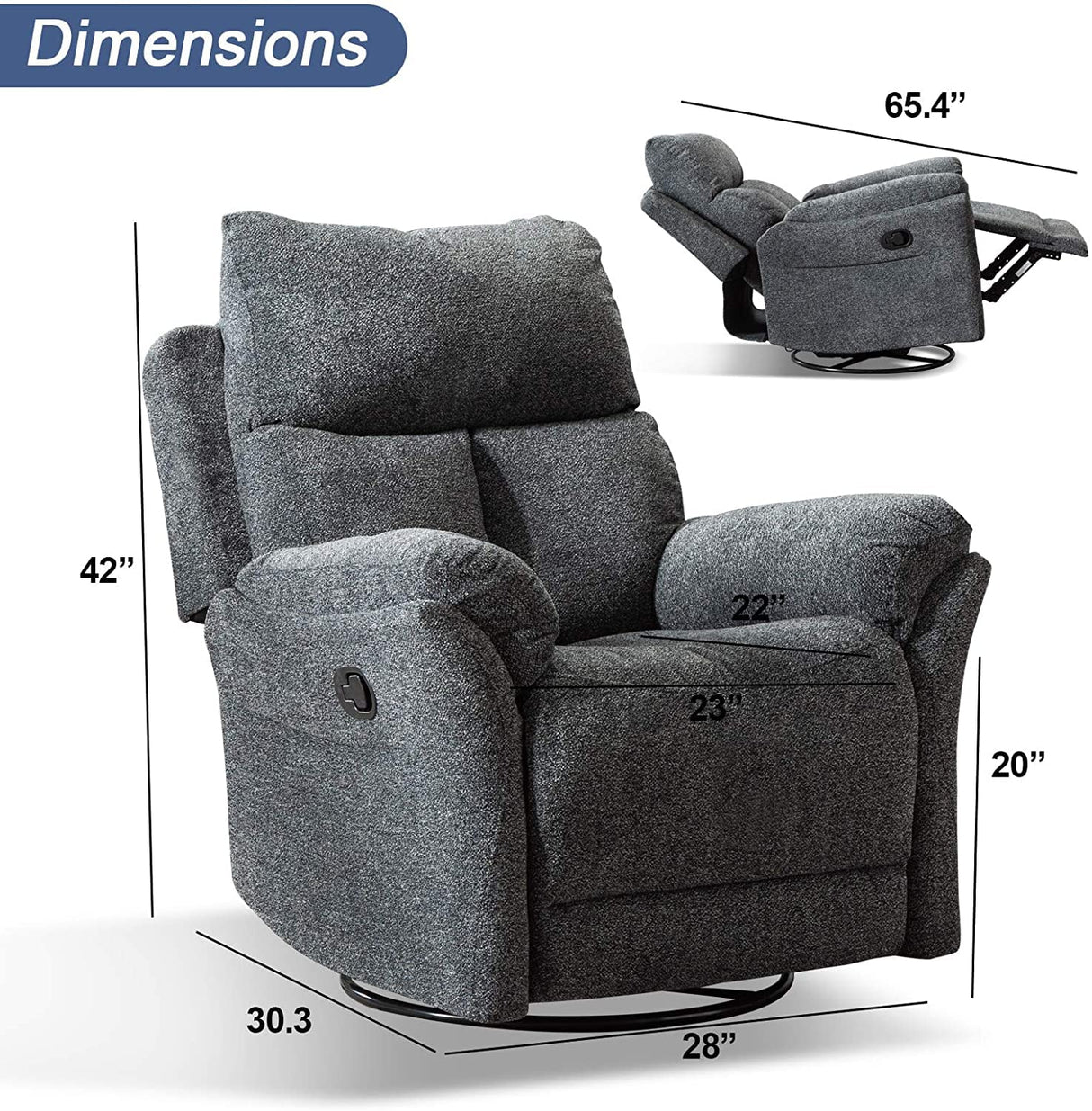 ANJ Swivel Rocker Recliner Chair, Manual Fabric Glider Nursery Recliner Chair, Single Rocking Modern Sofa Home Theater Seating for Living Room, Nursery (Dark Gray) ANJ