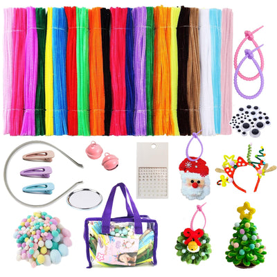 HPWF Pipe Cleaners Craft Supplies, Arts & Crafts Supplies Kits Include Pipe Cleaners, Pom Poms, Storage Bag, Eyes, Make Headband, Necklaces, Hairclip for Creative Art Projects Christmas Gift