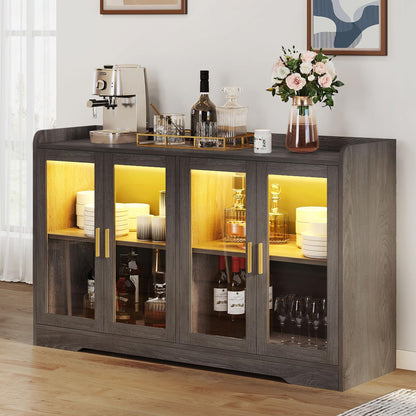 YITAHOME Home Bar Cabinet w/LED Light, 55'' Liquor Cabinet with 4 Doors, Coffee Bar Cabinet with Adjustable Shelves, Wine Cabinet for Kitchen, Living Room, Charcoal Grey