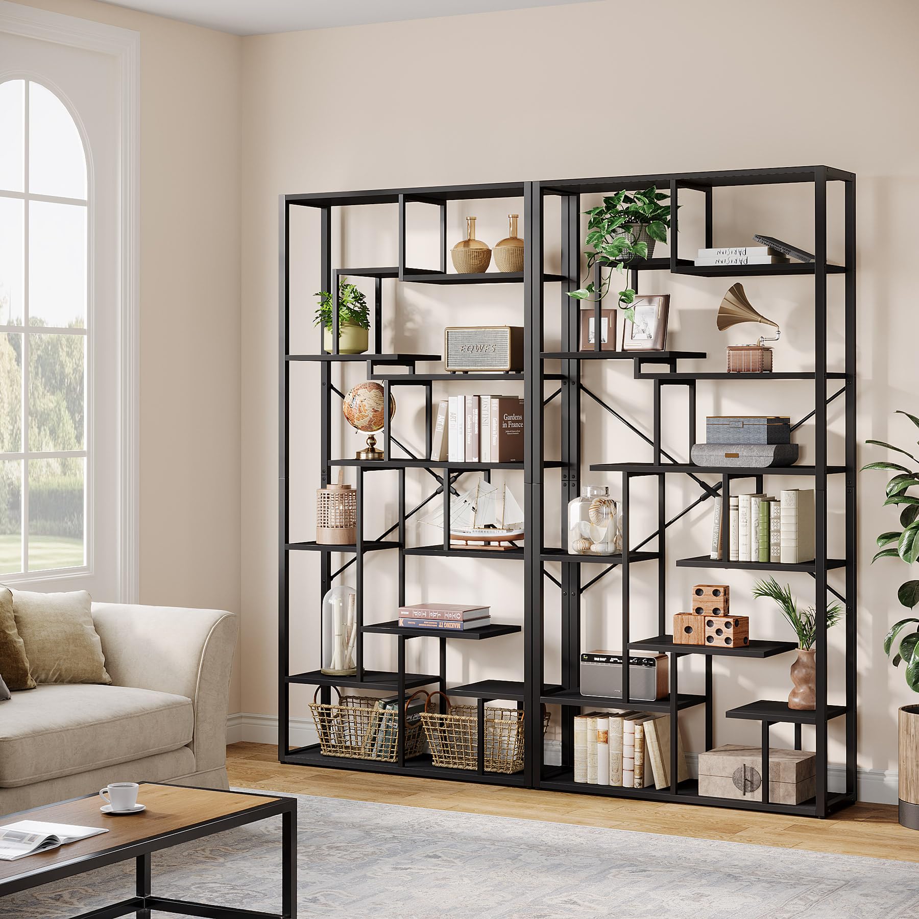 Tribesigns 79'' Black Etagere Bookshelf with 12 Open Shelves - 7-Tier Modern Wood Display Unit - WoodArtSupply