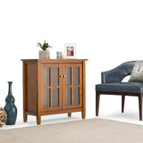 SIMPLIHOME Warm Shaker SOLID WOOD 32 inch Wide Rustic Low Storage Cabinet in Light Golden Brown, with 2 Adjustable Shelves, Tempered Glass Door SIMPLIHOME