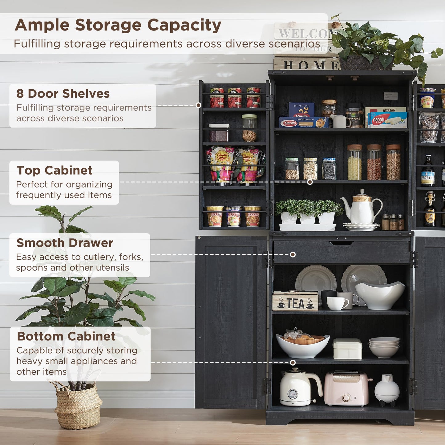 ACCOHOHO 72" Tall Kitchen Pantry, Farmhouse Storage Cabinet with Barn Door, Organizer, Drawer and Adjustable Shelves, Rustic Wood Cupboard for Kitchen, Dining Room, Bathroom, Black