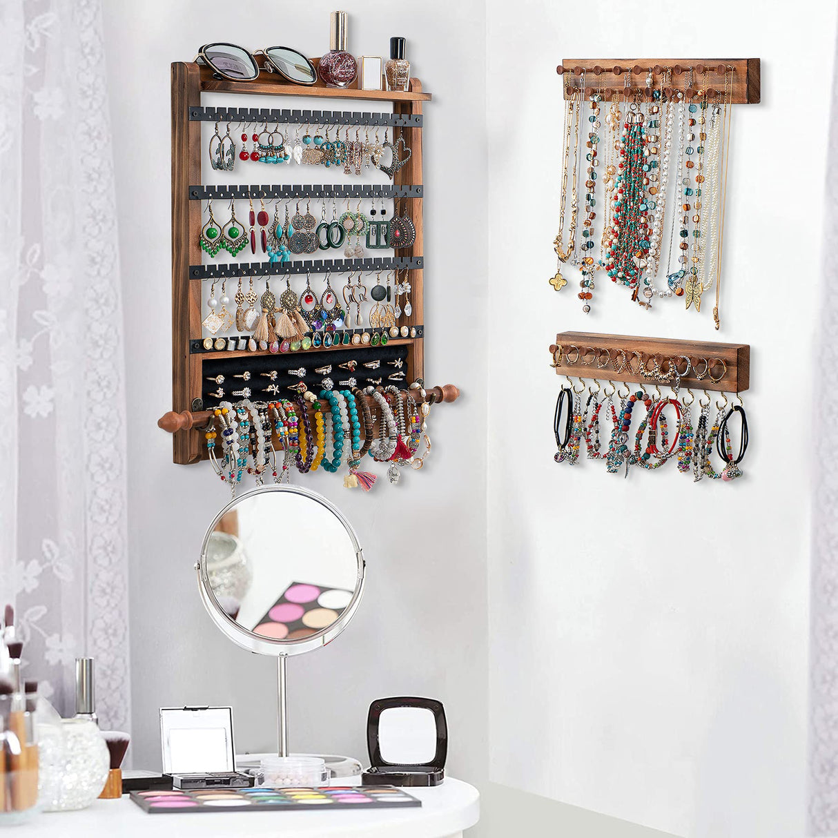 QILICHZ 3Pcs Jewelry Organizers and Storage,Wood Hanging Jewelry Organizer,Rustic Wall Jewellery Organizer,Wall Mounted Earring Holder Organizers for Storage Display Gift (Brown+Black) QILICHZ