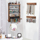 QILICHZ 3Pcs Jewelry Organizers and Storage,Wood Hanging Jewelry Organizer,Rustic Wall Jewellery Organizer,Wall Mounted Earring Holder Organizers for Storage Display Gift (Brown+Black) QILICHZ