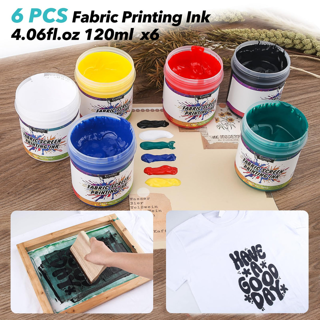 Ecoofor Screen Printing Kit – 53pcs All-in-One Set with 50W UV Exposure Lamp,3 Size Wood Screen Printing Frames, 6 Colors Screen Printing Ink, 15 A4 Size Inkjet Transparency Films Ecoofor