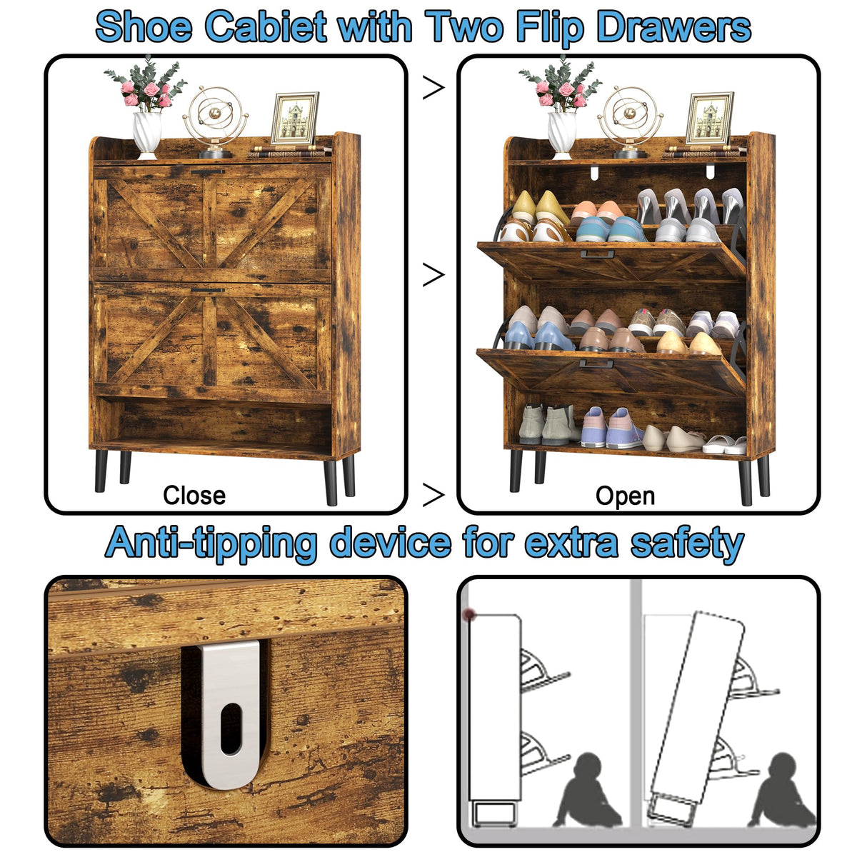 HOMEFORT Shoe Storage Cabinet for Entryway, Slim Shoe Organizer with Two Flip Drawers, Narrow Shoe Rack Cabinet with Wood Legs, Farmhouse Hidden Shoe Cabinet for Front Door Entrance,Rustic Brown HOMEFORT