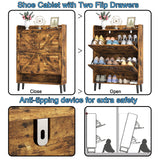 HOMEFORT Shoe Storage Cabinet for Entryway, Slim Shoe Organizer with Two Flip Drawers, Narrow Shoe Rack Cabinet with Wood Legs, Farmhouse Hidden Shoe Cabinet for Front Door Entrance,Rustic Brown HOMEFORT