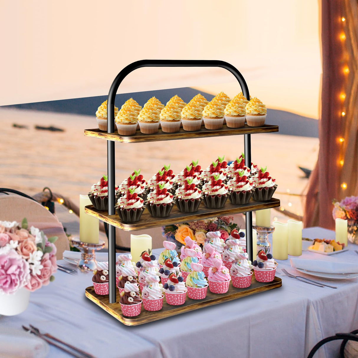 Cupcake Stand, 3 Tier Wood Cupcake Stand for 50 Cupcakes Large Dessert Stand Cupcake Display Stand Cupcake Tower for Farmhouse Decor, Party Serving Tray, Vendor Dessert Table Display Set OugeWood