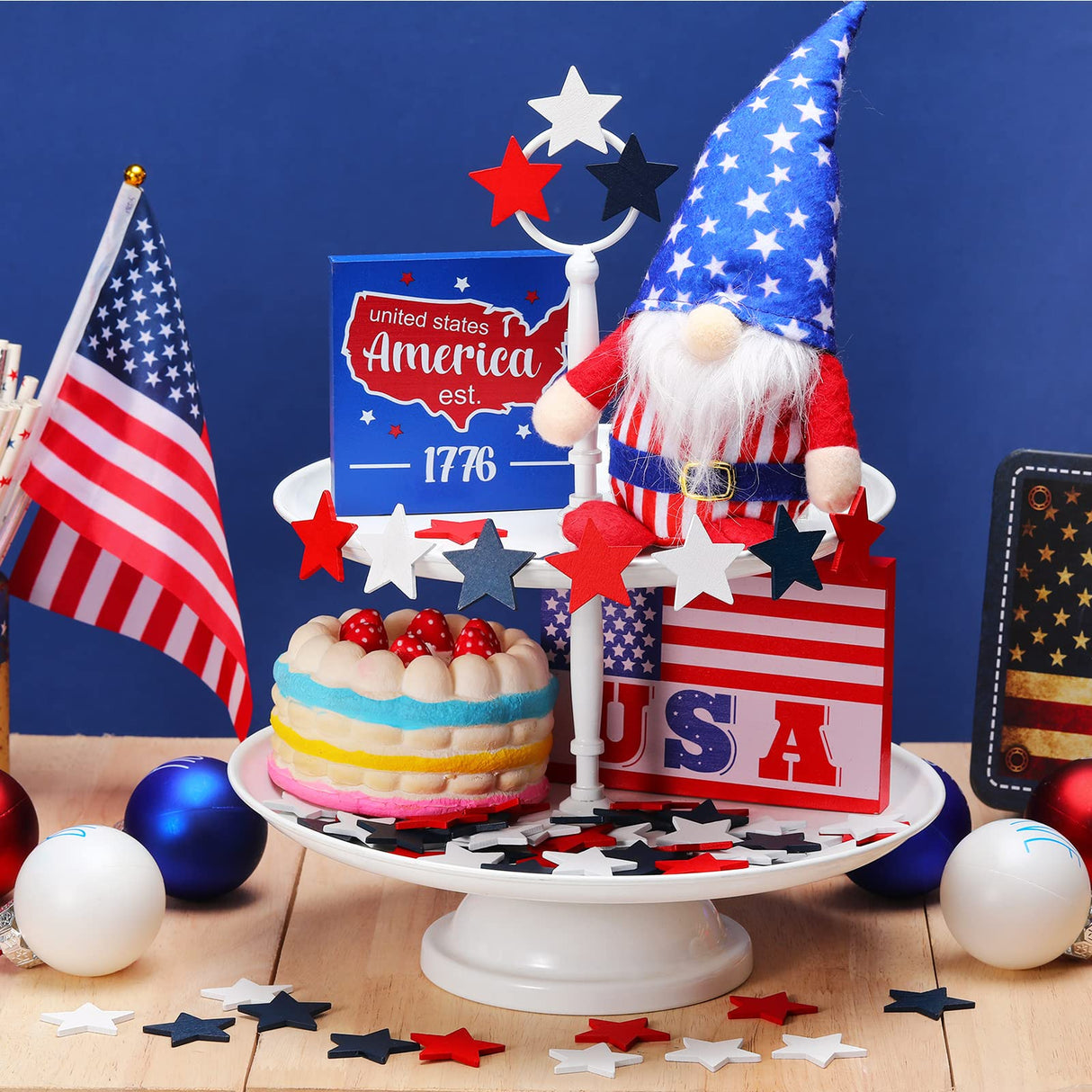 Bucherry 135 Pcs Wooden Stars Decorations 4th of July Patriotic Star Ornaments for Crafts Red White Blue Star Shape Cutouts Vase Bowl Filler Tiered Tray Decor for Independence Memorial Day Bucherry