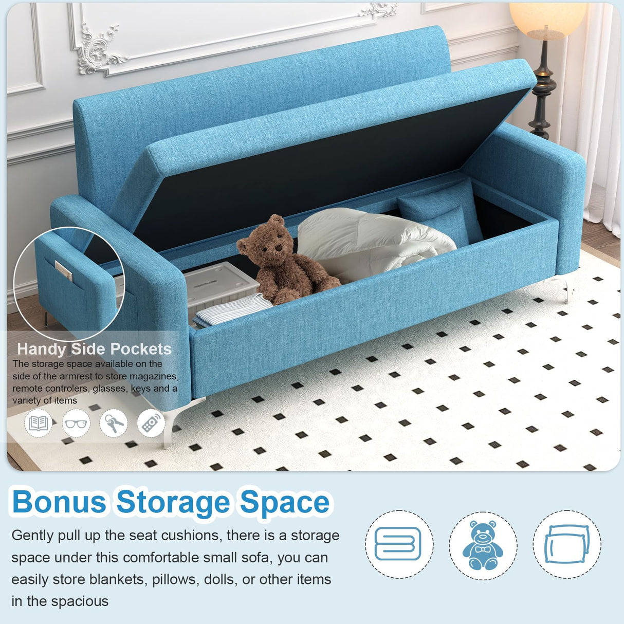 Loveseat Sofa Couch with Storage Seat, 57" Button Tufted Upholstered 2 Seat Sofa with Side Pockets, Modern Love Seat with Silver Metal Legs for Living Room, Bedroom, Office, Small Space (Blue) KINFFICT