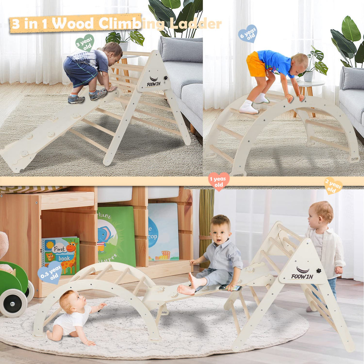 FOOWIN Pikler Triangle Set Climber 8 in 1，Toddler Climbing Toys with Ramp & Arch & Mat Montessori Climbing Set，Wooden Climbing Toys with Ramp for Kids FOOWIN