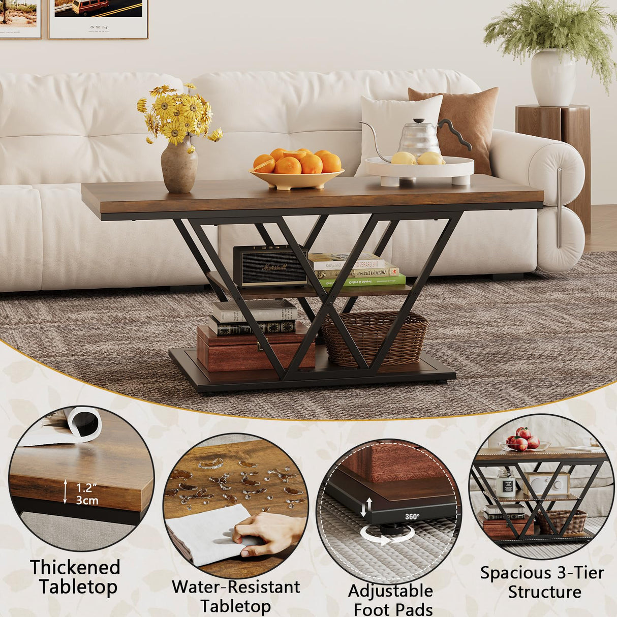 Espelism Coffee Table with Storage Industrial 3 Tier Center Living Room Table Farmhouse Wooden Rectangle Cocktail Rustic Tea Table for Office Bedroom(Brown)