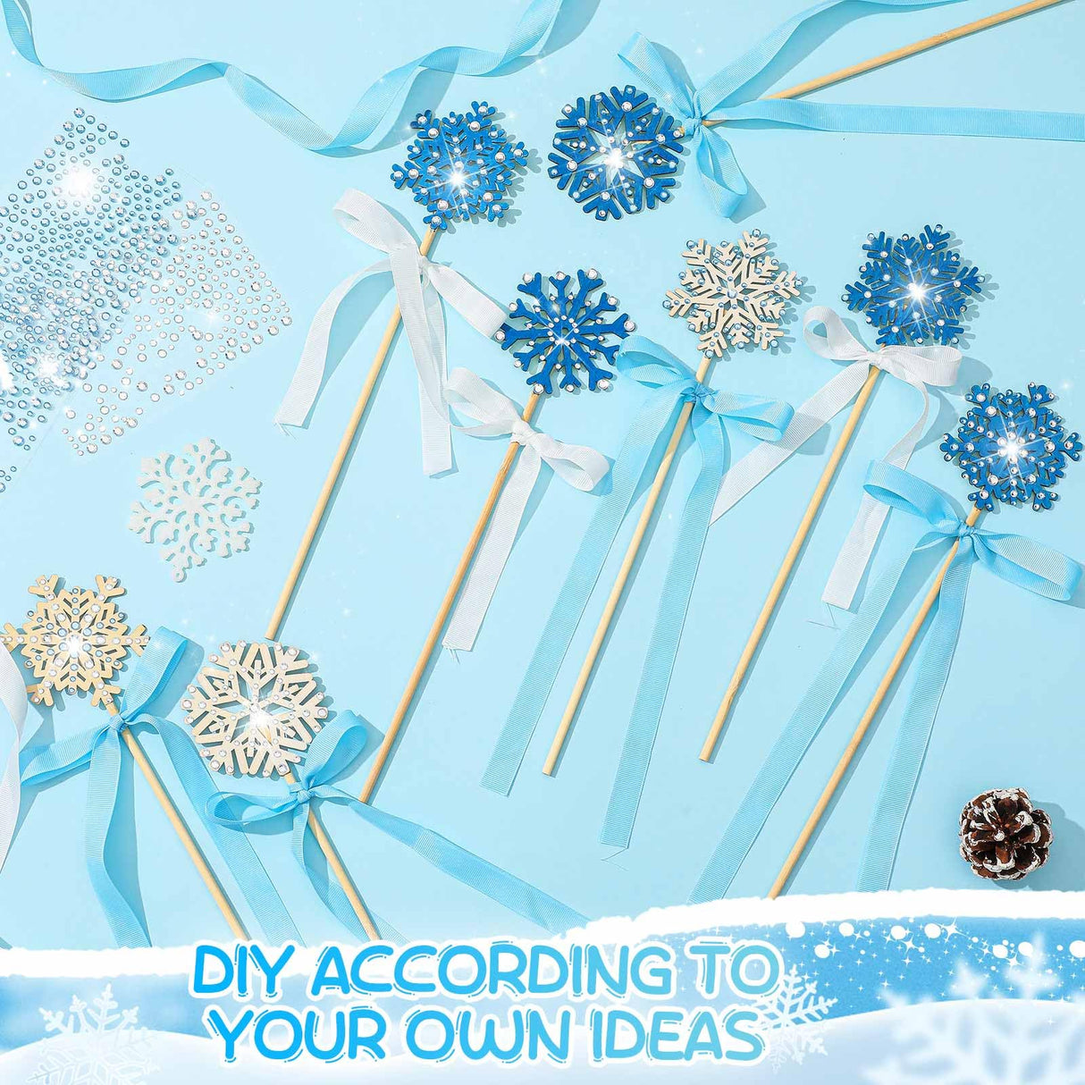 Juexica 78 Pcs Princess Snowflake Fairy Wand Kit Includes 48 Make Your Own Craft 6 Styles Unfinished Wooden Snow Wand and 12 Gem Stickers 4 Rolls Ribbon 12 Pcs Pen for Girls DIY Magical Craft Juexica