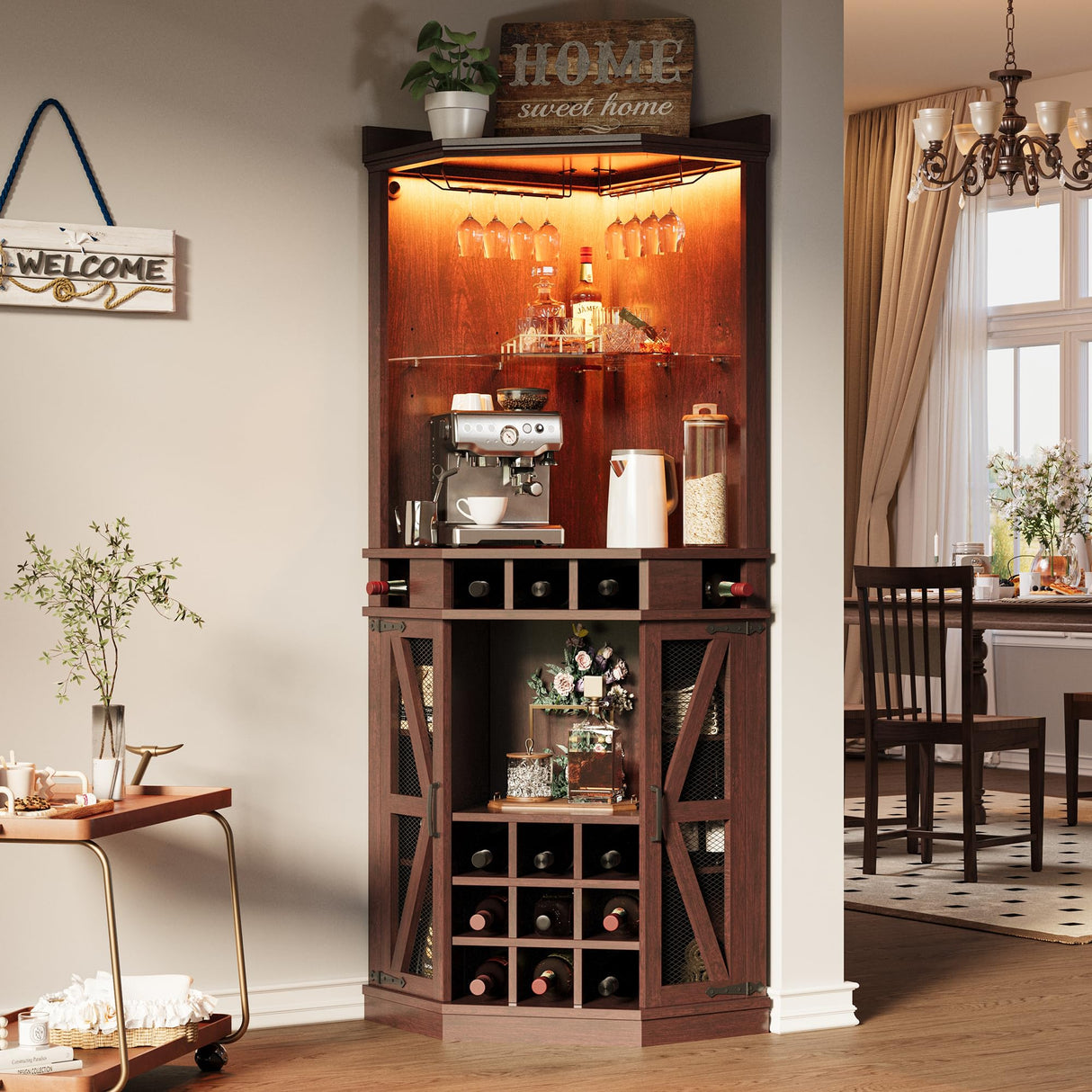 IRONCK Corner Bar Cabinet, 72.4" Tall Wine Cabinet with LED Light & Tempered Glass Rack, Home Bar Liquor Cabinet & Coffee Bar with Barn Door & Adjustable Shelf for Living Room, Dining Room, Red Walnut IRONCK