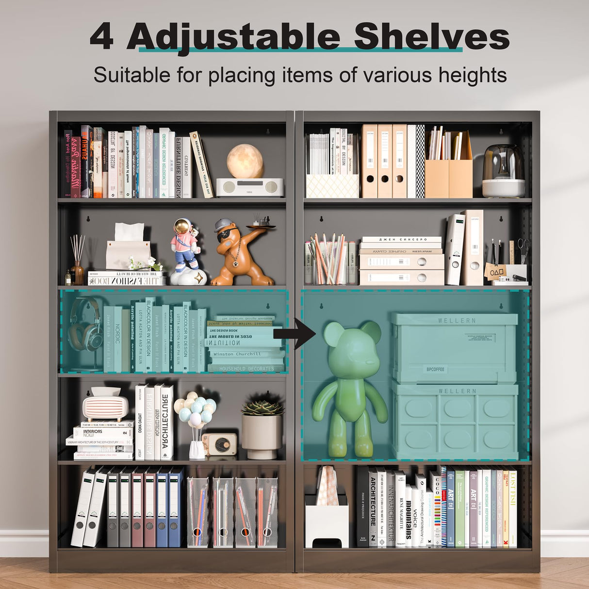 RGGCABINET 5 Tier Metal Bookshelf, 66" Tall Bookcase, Adjustable Book Shelves, Modern Black Book Shelf Storage Shelves for Bedroom, Living Room, Office, Library, Classroom, School RGGCABINET