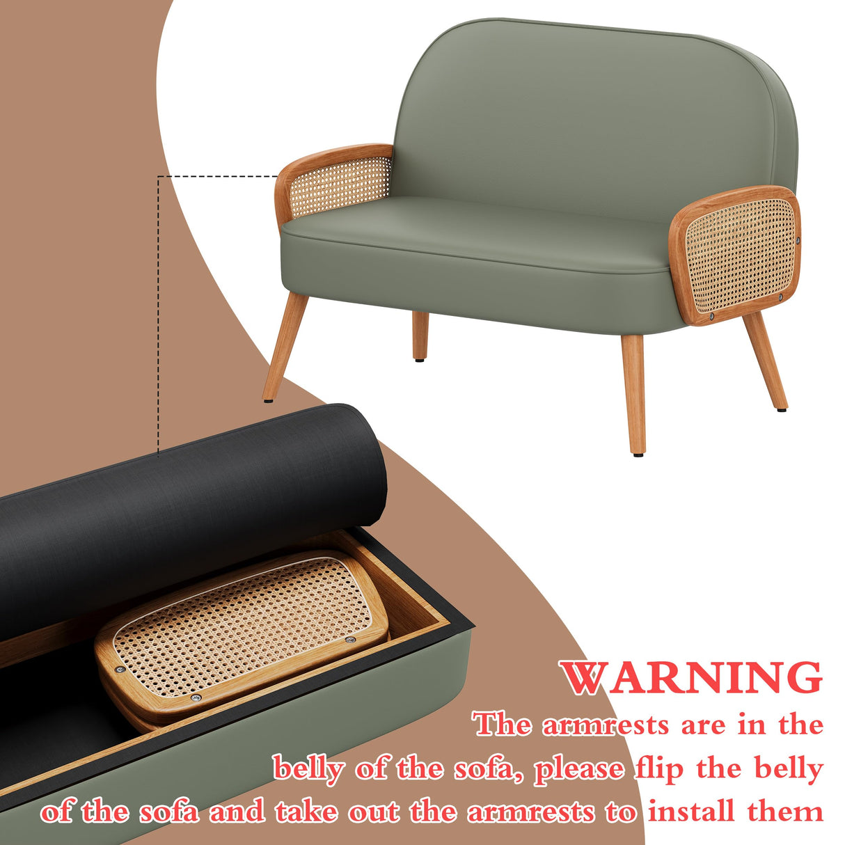 Aklaus 45" W Faux Leather Small loveseat with Natural Rattan Arms,Upholstered Modern Mini Sofa Couch Love Seat Settee Bench with Back for Living Room Bedroom Office Small Space Entryway Green Aklaus