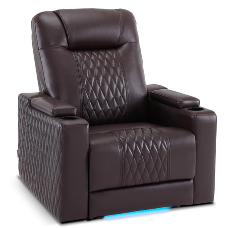 MCombo Power Recliner Chair with Adjustable Headrest for Living Room, Home Theater Seating with USB & Type C Port, LED Light & Armrest Storage HTS401 (Faux Leather, Brown) MCombo