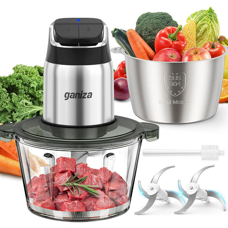 Ganiza Food Processor, 2-Speed Food Chopper Meat Grinder with 8 Cup Stainless Steel & 8 Cup Glass Bowls, Upgraded Button & Smart Overheat Protection Light - Includes Clean Brush, 2 Sets of Blades Ganiza