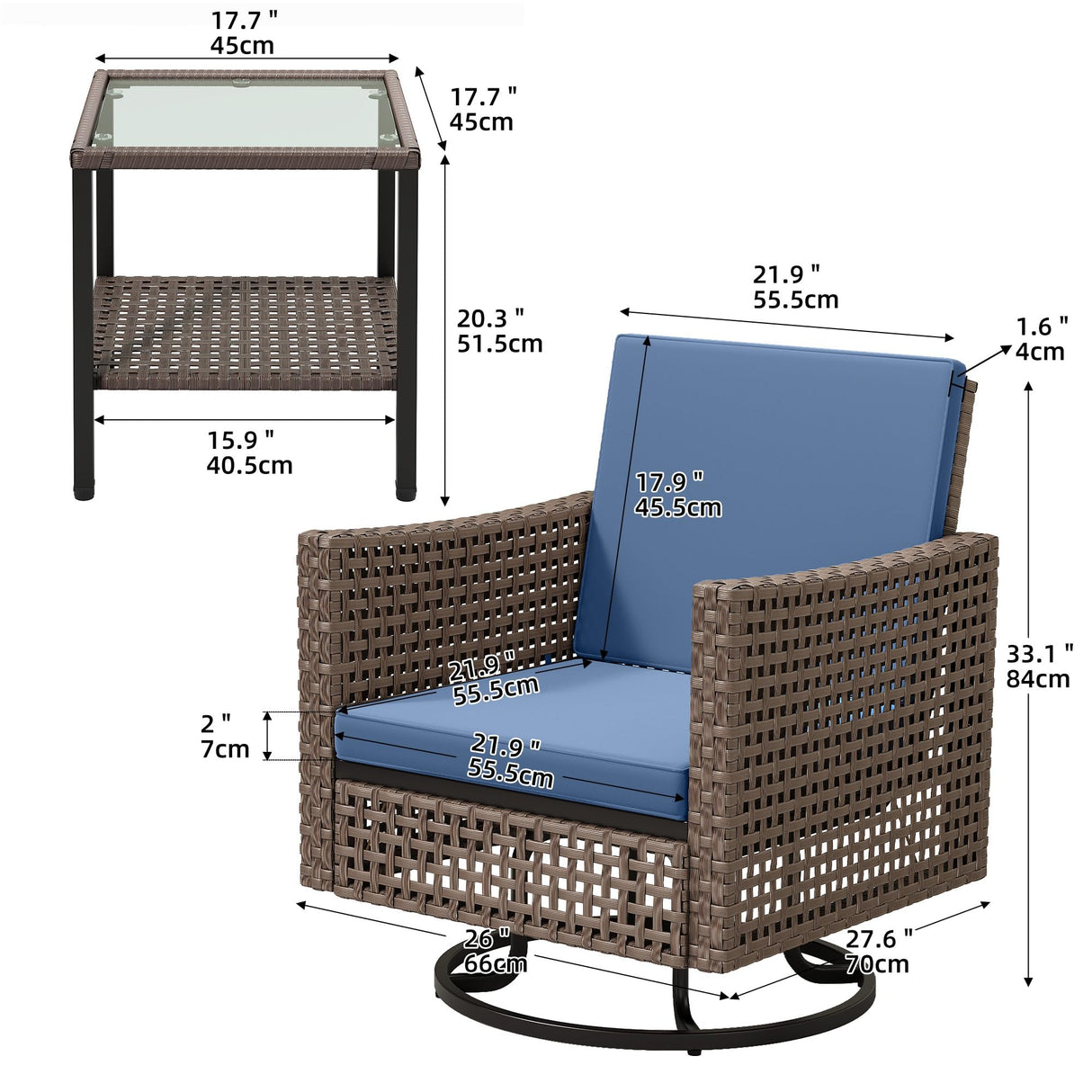 YITAHOME 3 Pieces Swivel Rocking Chairs, Patio Wicker Chairs Outdoor Patio Furniture Set with Rattan Side Table, Thickened Cushions, Bistro Swive Chairs Set for Porch, Patio, and Yard, Blue YITAHOME