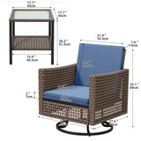 YITAHOME 3 Pieces Swivel Rocking Chairs, Patio Wicker Chairs Outdoor Patio Furniture Set with Rattan Side Table, Thickened Cushions, Bistro Swive Chairs Set for Porch, Patio, and Yard, Blue YITAHOME
