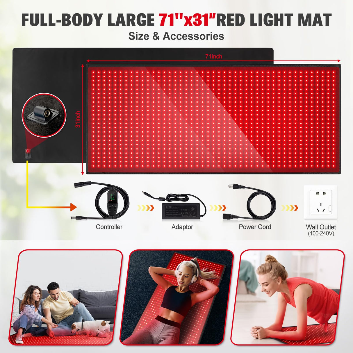 Red Light Therapy Mat for Body, 71"x 31" Red Light Therapy Blanket Red Near Infrared 660nm 850nm Full Body Pad, 1280 LEDs Infrared Light Therapy for Body for Pain Relief, Improved Sleep GMOWNW