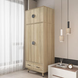 Karl home Armoire Wardrobe Closet 4-Door Storage Pantry Cabinet Modern Wood Closet with 2 Drawers, 2 Adjustable Shelves, Hanging Rod, Freestanding Pantry Cabinet for Bedroom, Oak Karl home