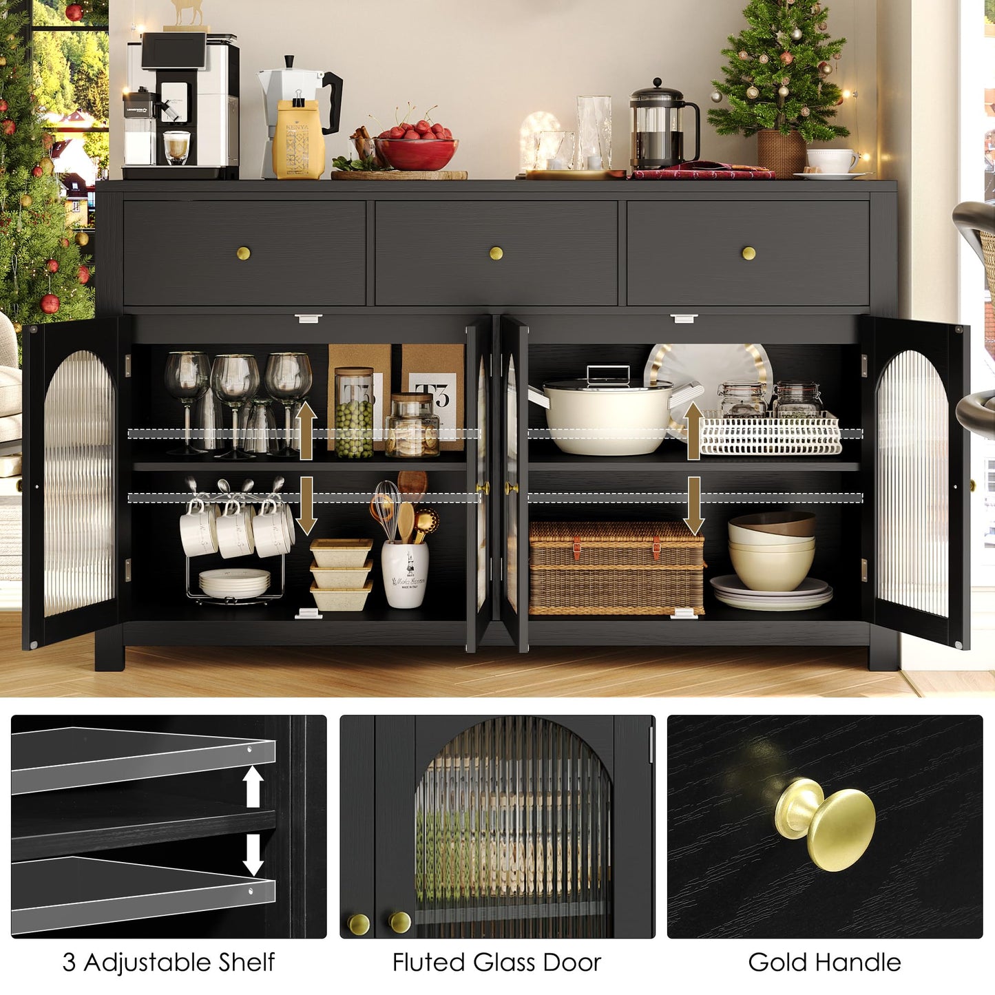 finetones Buffet Cabinet with Storage, 55.1" Large Sideboard Buffet Cabinet, Farmhouse Kitchen Cabinet Display Cabinet with 3 Drawers and 4 Doors, Wood Coffee Bar Cabinet for Kitchen, Black - WoodArtSupply