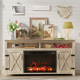 Furmax Farmhouse Fireplace TV Stand for TVs Up to 65 Inch Highboy Entertainment Center with Open Storage and Side Cabinets Rustic Media Console Table with Barn Doors for Living Room (Natural Oak) Furmax