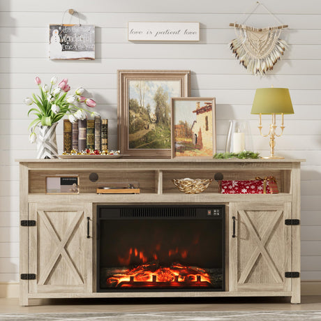 Furmax Farmhouse Fireplace TV Stand for TVs Up to 65 Inch Highboy Entertainment Center with Open Storage and Side Cabinets Rustic Media Console Table with Barn Doors for Living Room (Natural Oak) Furmax