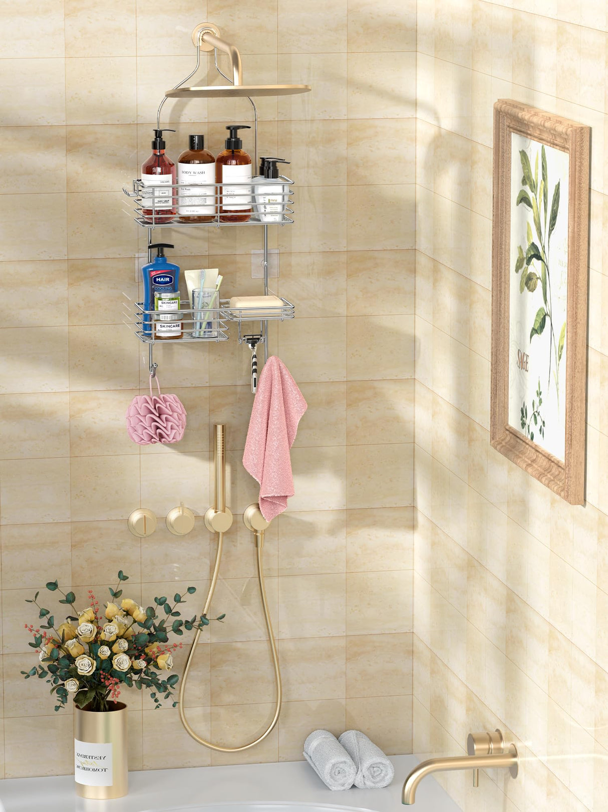 SMARTAKE Hanging Shower Head Caddy, Rustproof Bathroom Shower Shelf Organizer, SUS201 Stainless Steel Over The Storage Rack, for Toilet, Bathroom, Silver SMARTAKE