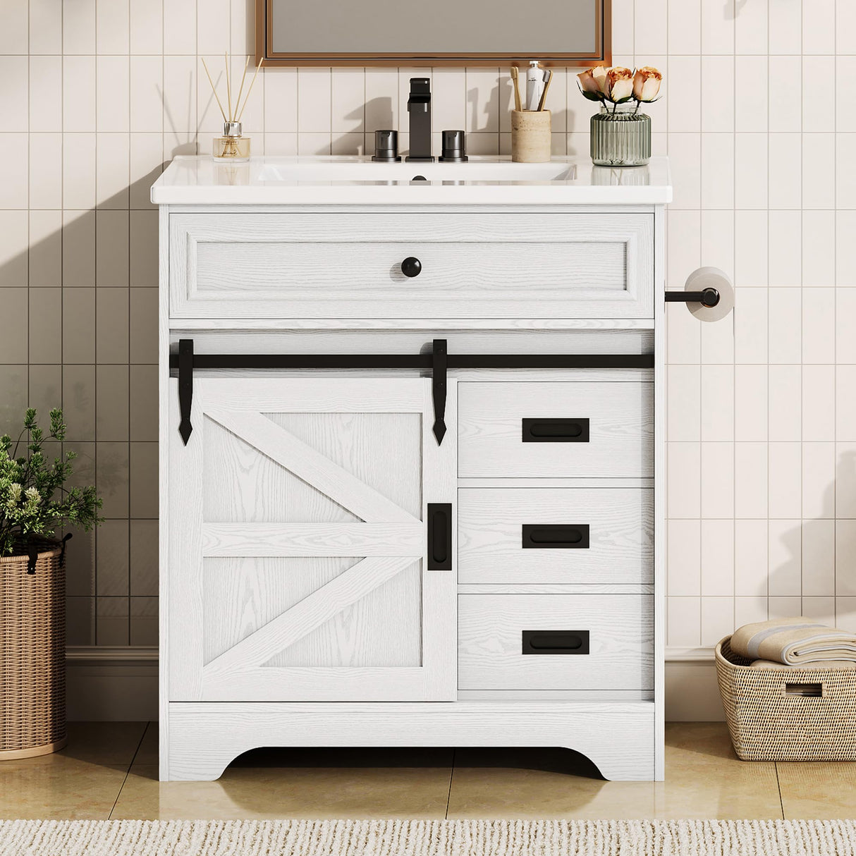IRONCK 30" Bathroom Vanity with Sink, Farmhouse Bathroom Sink Cabinet with Flip Drawer & Sliding Barn Door, Freestanding Bathroom Vanities with Metal Handles, Paper Towel Holder,White IRONCK