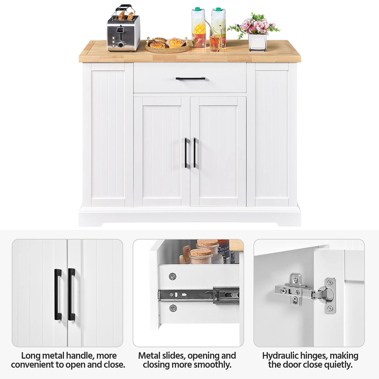 Yaheetech Rolling Kitchen Island Cart with 3 Drawers, Kitchen Storage Cabinet on Wheels with Open Shelves and Inner Adjustable Shelves for Dining Room/Living Room, Thicker Rubberwood Top, White Yaheetech