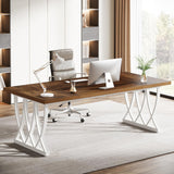 Tribesigns 70.86-Inch Executive Desk, Large Home Office Desk Computer Desk with Thick Metal Frame, Rectangle Study Writing Table Workstation for Home Office, Retro Brown & White Tribesigns