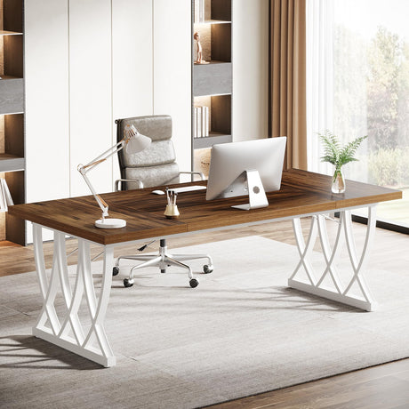 Tribesigns 70.86-Inch Executive Desk, Large Home Office Desk Computer Desk with Thick Metal Frame, Rectangle Study Writing Table Workstation for Home Office, Retro Brown & White Tribesigns