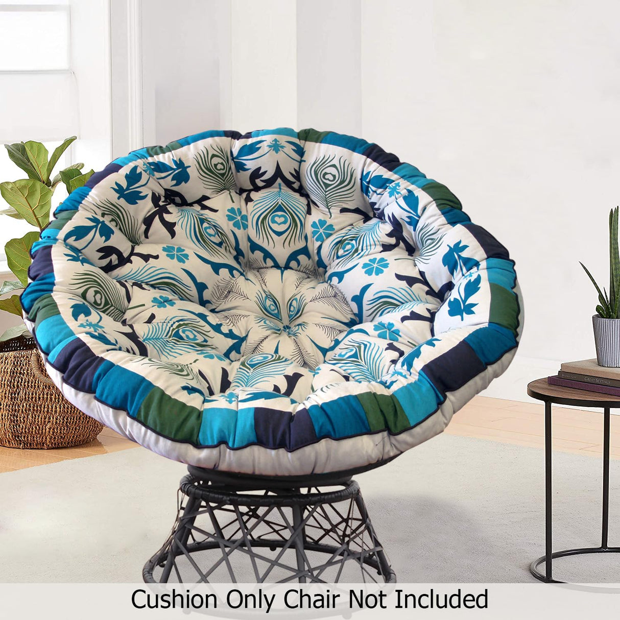 COTTON CRAFT Papasan - Polly Peacock - Blue - Overstuffed Chair Cushion, Sink into Our Thick Comfortable and Oversized Papasan, Pure Cotton Duck Fabric, Fits Standard 45 inch Round Chair COTTON CRAFT