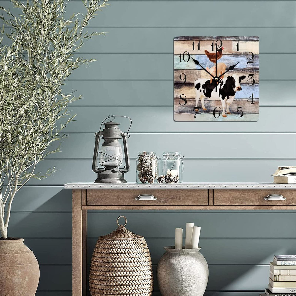 Wooden Wall Clock Farm Animal Cow Pig and Chicken 10 Inch Old Fashioned Square Wooden Wall Clock Digital Accurate Wood Clock for Bedroom Kitchen Wall Decor Home Decor Alioyoit