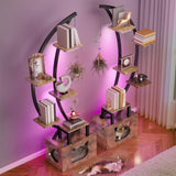 DWVO Tall Bookshelf with LED Light, Artistically Designed Moon Arched Bookcase with Cats Litter Box,10-Tier Bookcase Corner Display Shelf for Home Office, Bedroom DWVO