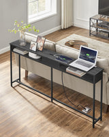 VASAGLE 70.9-Inch Console Table with Outlet and Shelves, Sofa Table with Charging Station, Behind Couch Table Skinny, Entryway Table for Hallway, Living Room, Charcoal Gray and Ink Black ULNT118B22 VASAGLE