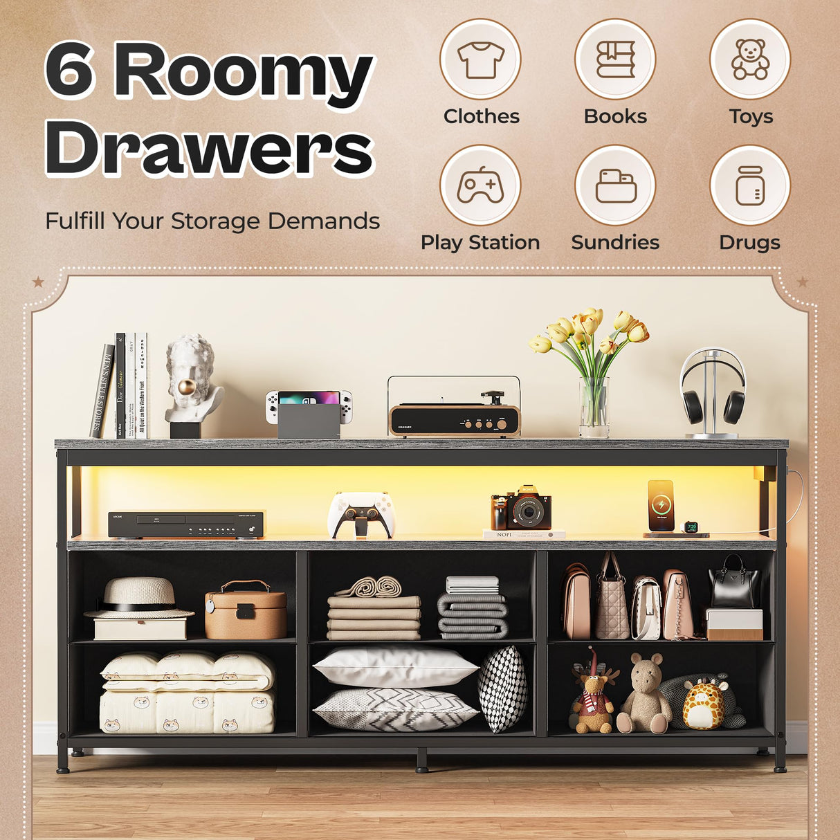 Huuger LED TV Stand for Bedroom, 55 Inch Fabric Dresser with Power Outlets, Entertainment Center for 60, 55, 50 Inch TV, 6 Drawer Dresser for Bedroom, Chest of Drawers with Shlef, PU Leather, Grey Huuger