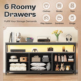 Huuger LED TV Stand for Bedroom, 55 Inch Fabric Dresser with Power Outlets, Entertainment Center for 60, 55, 50 Inch TV, 6 Drawer Dresser for Bedroom, Chest of Drawers with Shlef, PU Leather, Grey Huuger