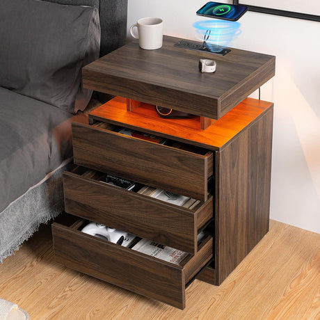 HOMMPA LED Nightstand with Wireless Charging Station & USB Ports, 3 Drawer Night Stand with LED Light RGB Adjustable Brightness, Smart Nightstand High Gloss Bedside Table for Bedroom Walnut HOMMPA