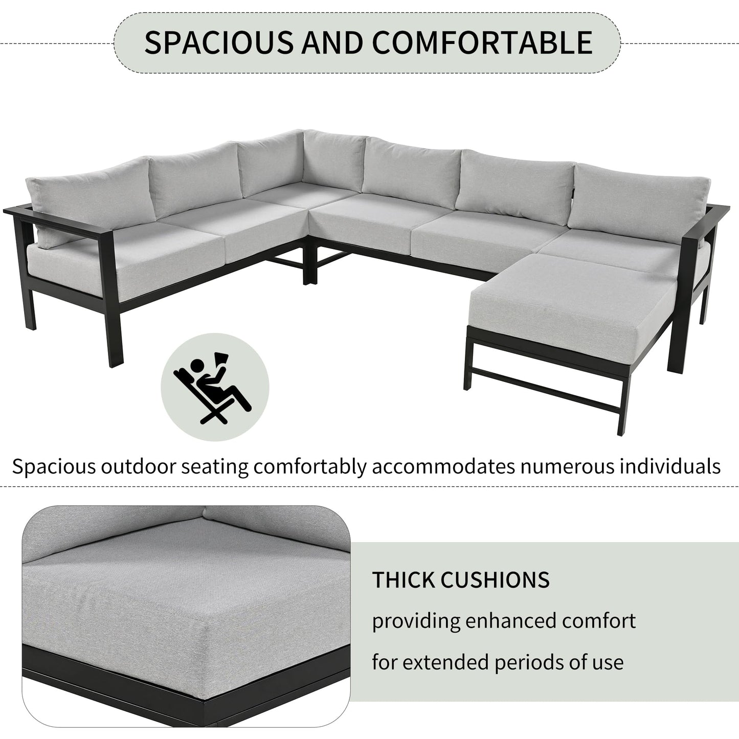 YOPTO 7 Piece Outdoor Patio Furniture U-Shaped Sofa Set,Sectional Conversation Modular Couch with Anti-Rust Aluminum Frames for Gardens, Backyards, Balconies,Grey