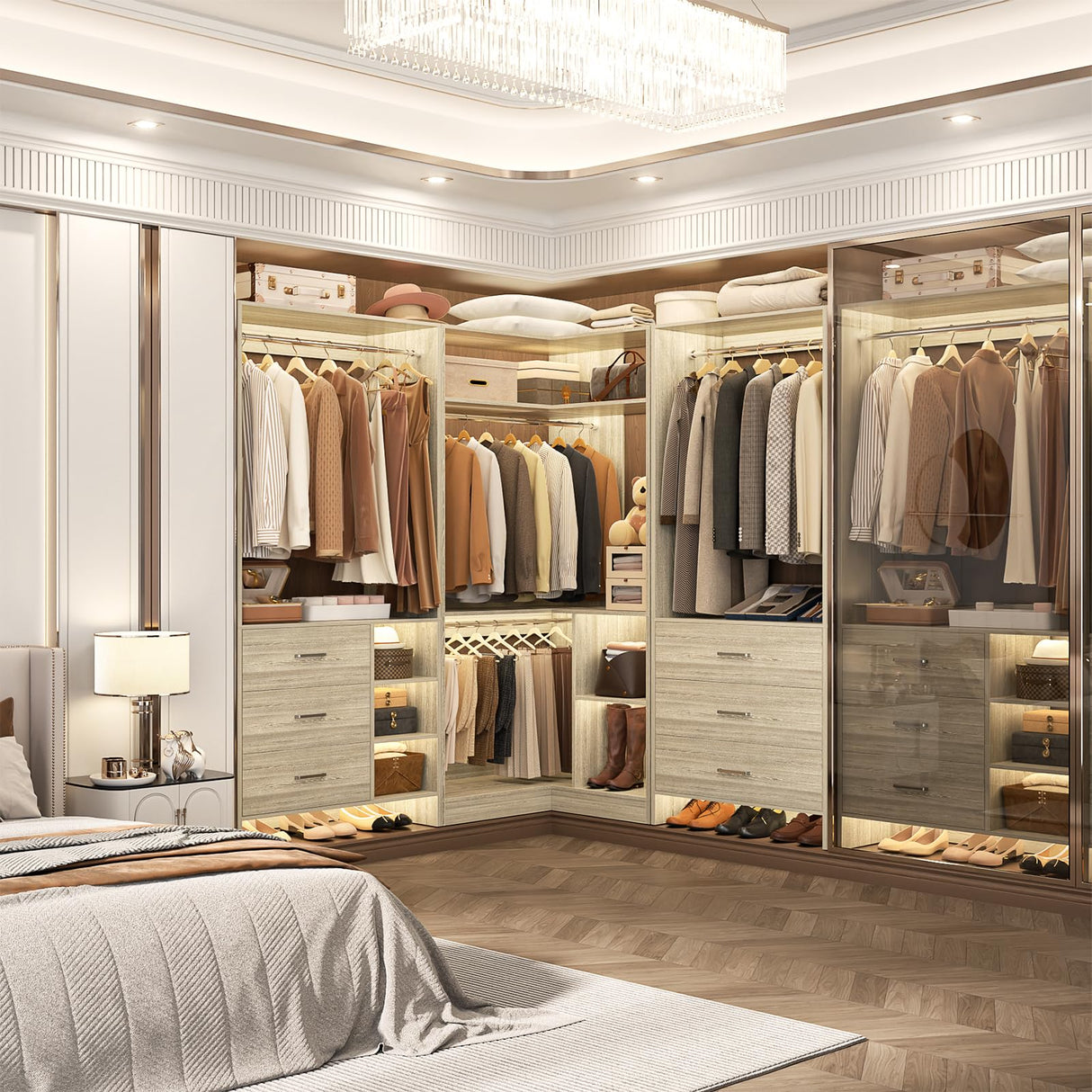 Aheaplus Closet System with 6 Drawers, 4 Hanging Rods & Corner Tower, Corner Closet System with Hanging, 86.8" L-Shaped Walk-In Wardrobe Organizer, 2000+ lbs Capacity, Set of 3, White Oak Aheaplus