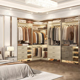 Aheaplus Closet System with 6 Drawers, 4 Hanging Rods & Corner Tower, Corner Closet System with Hanging, 86.8" L-Shaped Walk-In Wardrobe Organizer, 2000+ lbs Capacity, Set of 3, White Oak Aheaplus