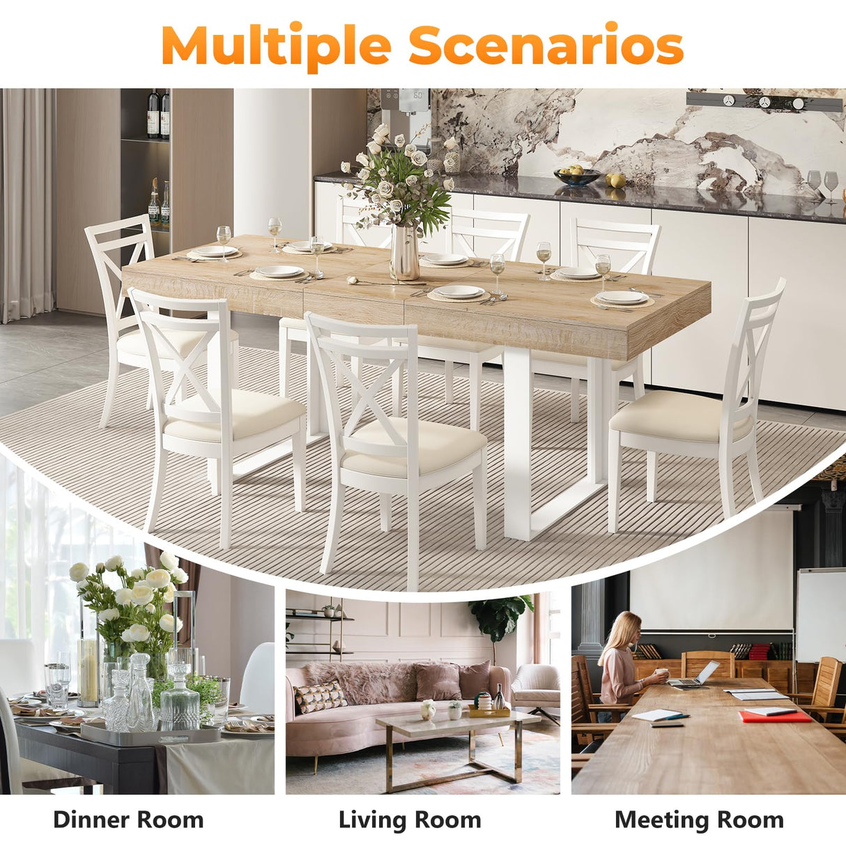 Zevemomo 63"-78.7" Expandable Dining Table, 6-10 Farmhouse Kitchen Table, Extendable Dining Table, Rectangular Kitchen Table with Metal Track, Tapered U-Shaped Legs for Dining Room, Office-Oak Zevemomo