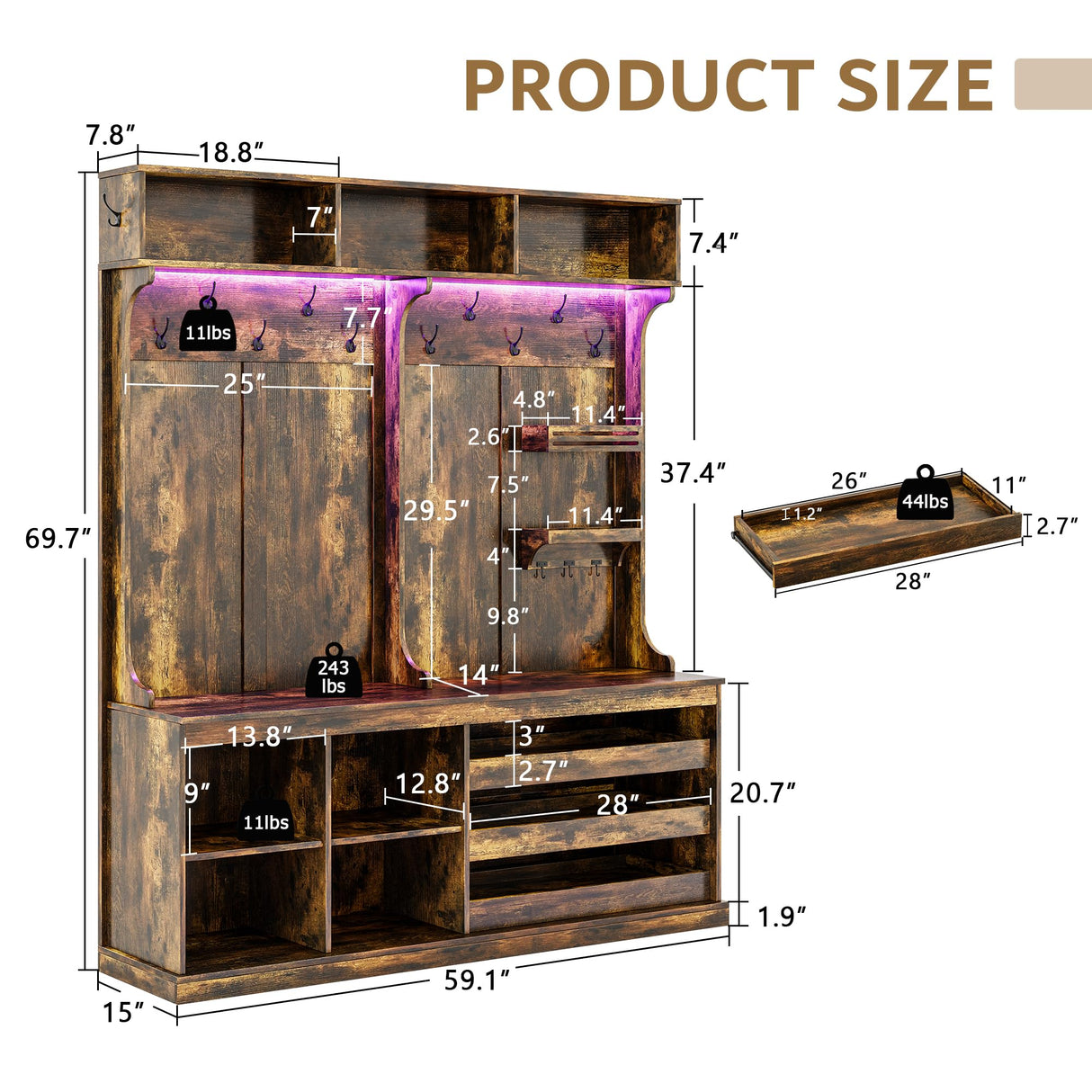 iPormis 70“ Large Hall Tree with Bench and Adjustable Storage Shelves, 6-in-1 Farmhouse Entryway Bench w/Coat Rack, Top Storage, Small Shelves for Entryway, Living Room, Led Lights, Rustic Brown iPormis