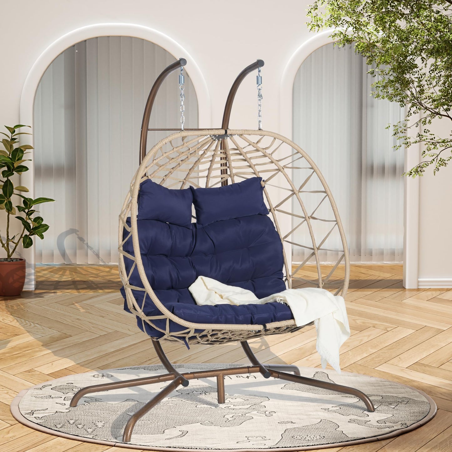 Brafab Double Rattan Swing Egg Chair with Stand, Oversized 2 Person Wicker Hanging Egg Chair for Indoor/Outdoor, Basket Hammock Chair with UV Resistant Cushion, 600 lbs Capacity, Blue