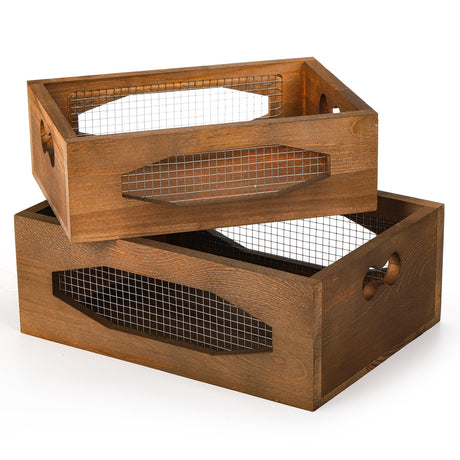 Okllen Set of 2 Wooden Nesting Countertop Baskets, Decorative Wood Storage Box Farmhouse Rustic Crate with Cutout Handles for Bread, Fruit, Vegetables, Kitchen, Bathroom, Pantry Supplies, Brown Okllen