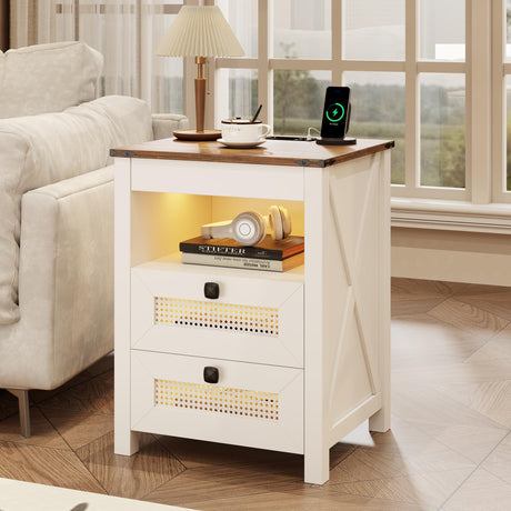 FREDEES Bedside Table set of 2 with Drawers, End Table with Charging Station, LED Night Stand with Human Sensor Light, Rattan Nightstand for Bedroom, White FREDEES